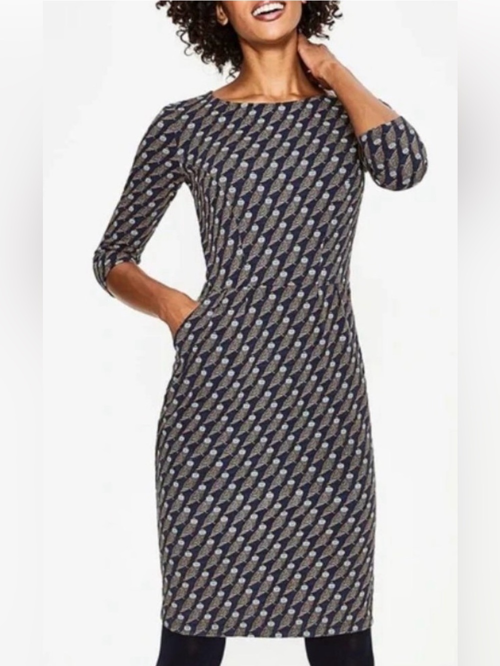 Boden Regal Owl Penny Jersey Dress Navy Blue 3/4 Sleeve A-Line Pockets Size 6R